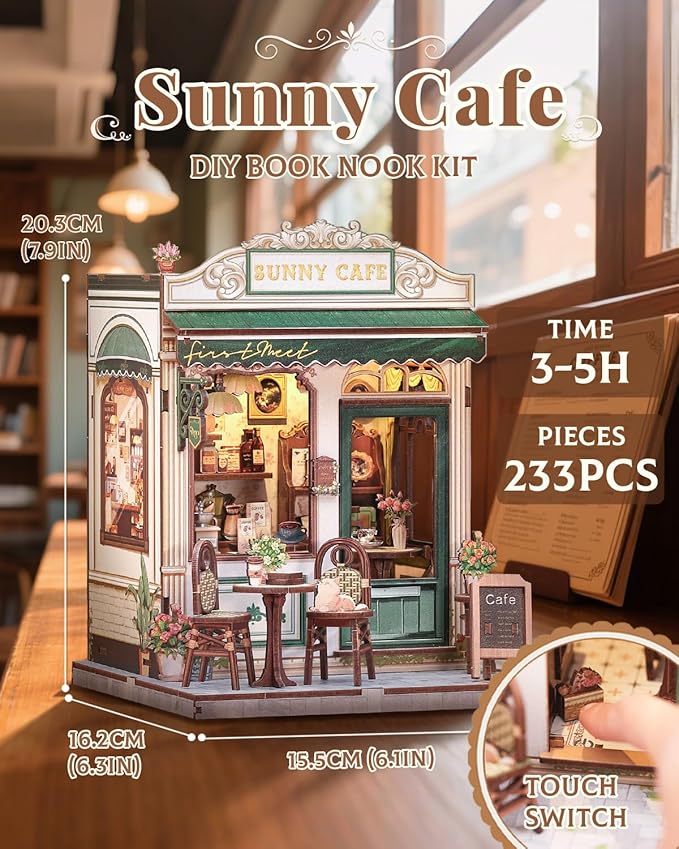 CUTEBEE Book Nook Kit - DIY Miniature House Dollhouse Kit for Adult and Teens, Booknook Bookshelf Decor Alley Model Build with LED Light, Gifts for Family and Friends (Sunny Cafe)