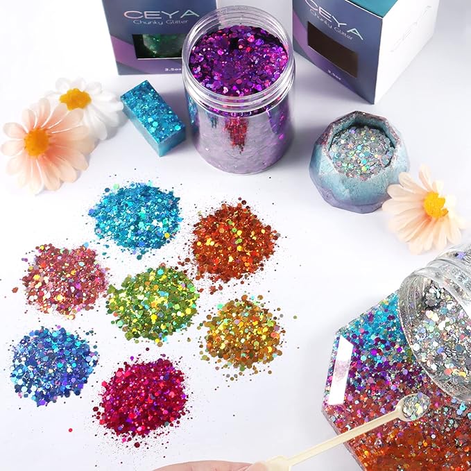Ceya Holographic Chunky Glitter, 4.9oz/ 140g Spring Green Craft Glitter Powder Mixed Chunky & Fine Flakes Iridescent Nail Sequins for Nail, Hair, Epoxy Resin, Tumblers, Slime, Painting, Festival Decor