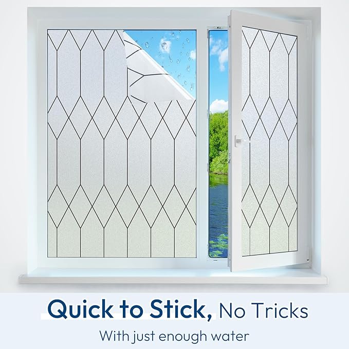 rabbitgoo Window Privacy Film for Glass Windows, Frosted Glass Cling with Decorative Moroccan Lattice, Removable Heat Control Sun Blocking Door Covering Sticker for Home Bathroom, 35.4 x 157.4 inches
