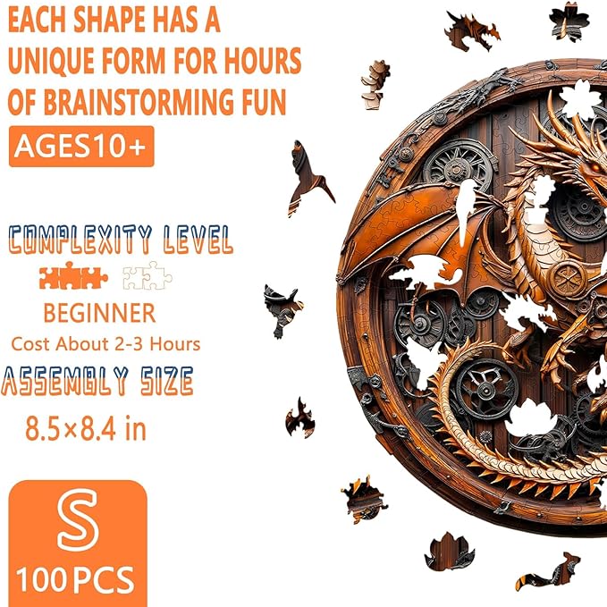 Wooden Puzzles for Adults, Mechanical Dragon Wooden Jigsaw Puzzles for Adults, Wood Puzzles Adult, Unique Animal Shape, Gifts for Friends and Family, Wall Art Canvas Puzzle (S -8.5 * 8.4in -100 pcs)
