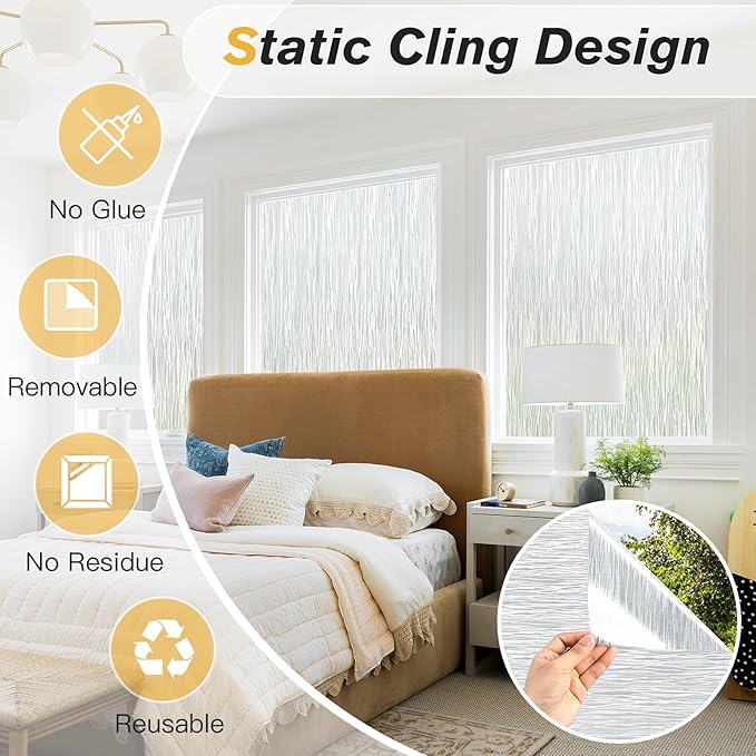 Haton Window Privacy Film, Frosted Glass Privacy Window Clings, Sun Blocking Frosting Opaque Coverings, Static Cling Removable Decorative Stickers for Home Door, Non-Adhesive 35.4" x 157.4"