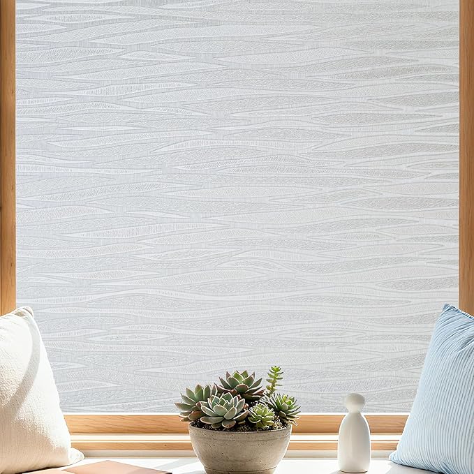 Finnez Frosted Privacy Window Film Static Cling, Non-Adhesive Decorative Cover for Glass Door & Windows, No Glue Removable Clings UV Blocking Waves Design for Home Office 23.6 x 78.7 Inches