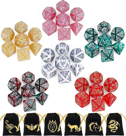 CiaraQ Polyhedral Dice Set, 6 Colors with 6 Decorative Pouches, 7 Pieces per Set, Fantasy RPG Gaming Dice/DND Dice/Role Playing Dice, Christmas Themed