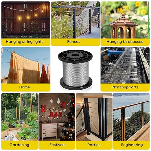 316 Stainless Steel Cable, 200FT 1/32IN Wire Rope 7 * 7 Strand with 50Pcs Aluminum Sleeves Stops, Guide Wire for Outdoor String Lights for String Lights Hanging, Clotheslines, Trellis (200FT)