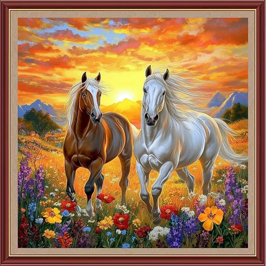 DMCXART Counted Cross Stitch Kits for Adults Needlepoint Kits Unprinted Cross Stitching Embroidery Kit 11CT Cross Stitch Supplies-Sunrise, Horse, Flower 18x18 inch