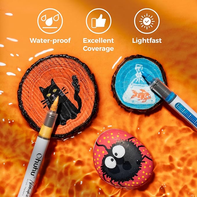 Ohuhu Acrylic Paint Markers Direct Liquid: 48 Pack Flexible Brush Tip Acrylic Markers High Opacity Paint Pens Waterproof Lightfast for Rock Painting Easter Eggs Wood Glass Ceramic Canvas - Nahuku