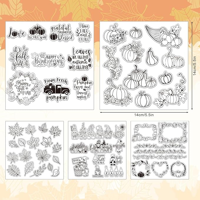 Whaline 5 Sheet Fall Thanksgiving Clear Stamps Autumn Leaves Pumpkin Gnome Silicone Transparent Stamps Happy Fall Border Stamp Cards for DIY Craft Card Making Scrapbooking Embossing Album Decor