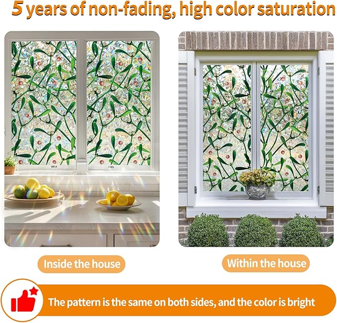 Window Privacy Film Stain Glass Window Film Rainbow Window Film Window clings Non-Adhesive Reusable Decorative for Room (Mistletoe Rainbow, 45.27 x 157.4 in)