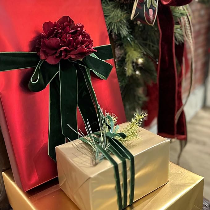 LaRibbons Thin Velvet Ribbon 1 Inch x 25 Yards, Dark Green Velvet Ribbon for Christmas Tree, Gift Wrapping, Wreath Bow, Outdoor Decoration