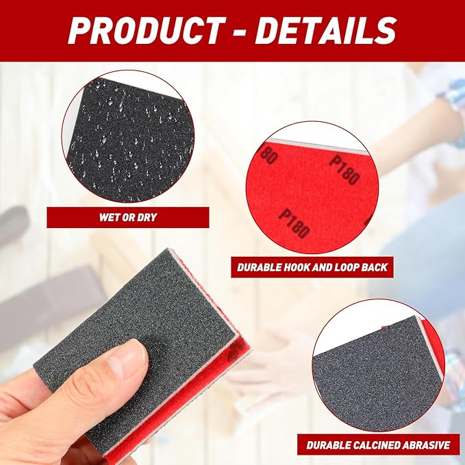 24 Pcs Sanding Sponge 500-600 Grit, Washable & Reusable Sanding Blocks for Wood, Metal, Drywall, Glazing, Wet Dry Sandpaper for Smooth Finishing