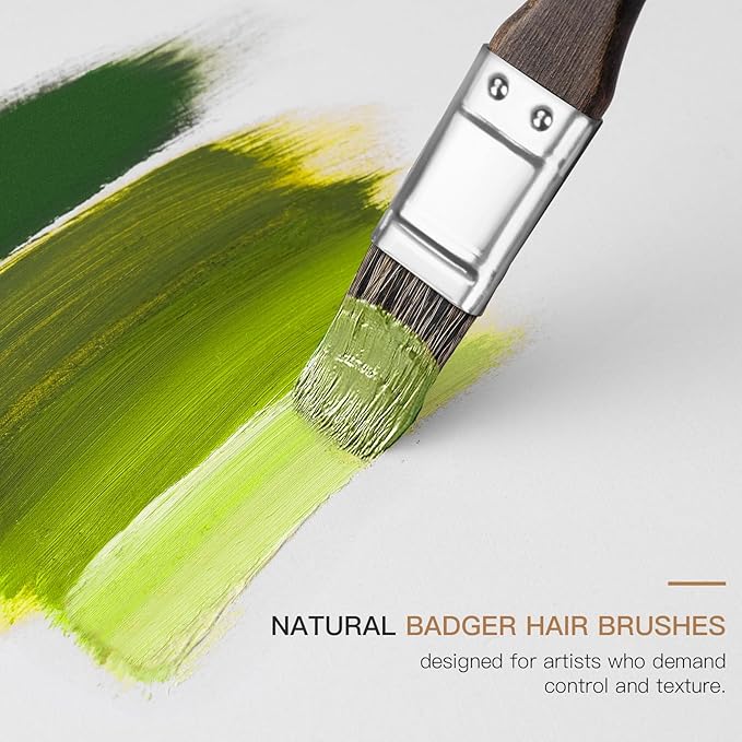 Oil Paint Brush Set, 15Pcs Fuumuui Professional Paint Brushes Natural Badger Bristle with Flat, Fan, Angle, Round, Filbert for Oil, Acrylic Canvas Paintings with 2pc Palette Knife