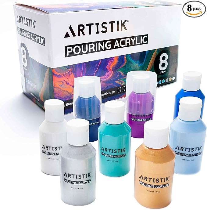 ARTISTIK Acrylic Pouring Paints - 8 x 100ml Paint Colour Set with 2 Mixing Cups - Paint Bottles for Art Supplies, Canvas, Glass, Paper, Wood, Stone, Tile