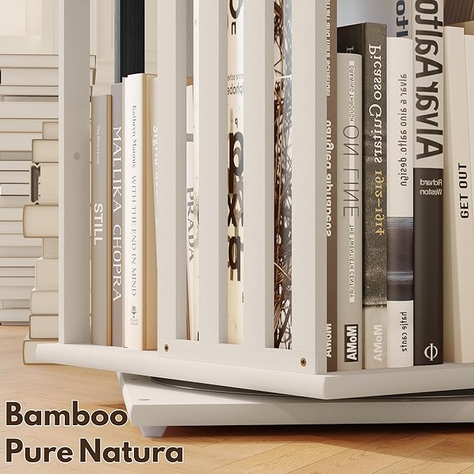 YOWOS Rotating Bookshelf Tower, 360 Display Spinning Bookcase, Bamboo Bookshelf Floor Standing Storage Rack, Wood Narrow Book Shelf Organizer for Kids&Adults (White, 6 Tier)