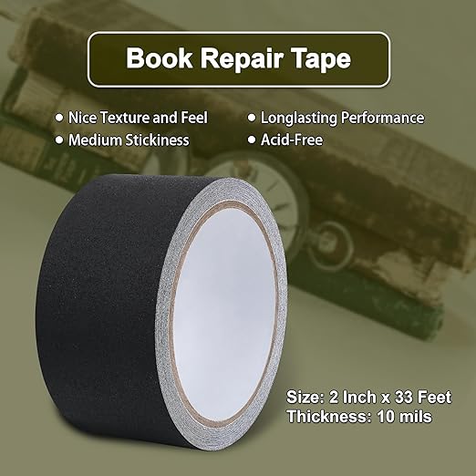 Cloth Bookbinding Repair Tape Matte Book Repair Tape 2 Inch by 33 Feet Self Adhesive Non Reflective Cloth Tape for Old Books Antique Books Daily Supplies (Black)