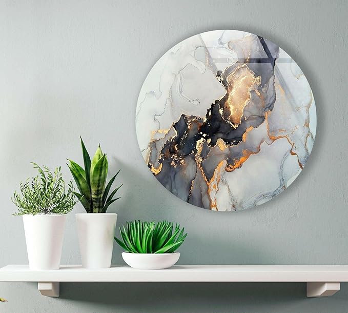 My Photostation.com 20''(50cm) Diameter Gold Details Gray Marble Round Glass Wall Art Tempered Glass Printing Wall Decor Large Wall Art Wall Hangings