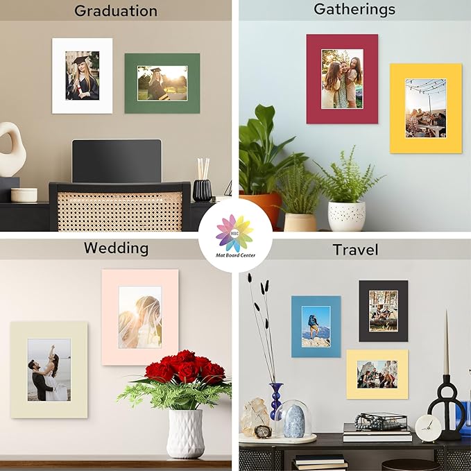 Mat Board Center, 8X10 Mix Color Mats for 5X7 Pictures - Acid Free, 4-Ply Thickness, White Core, Bevel Cut - for Artworks, Photos, Framing - Pack of 12