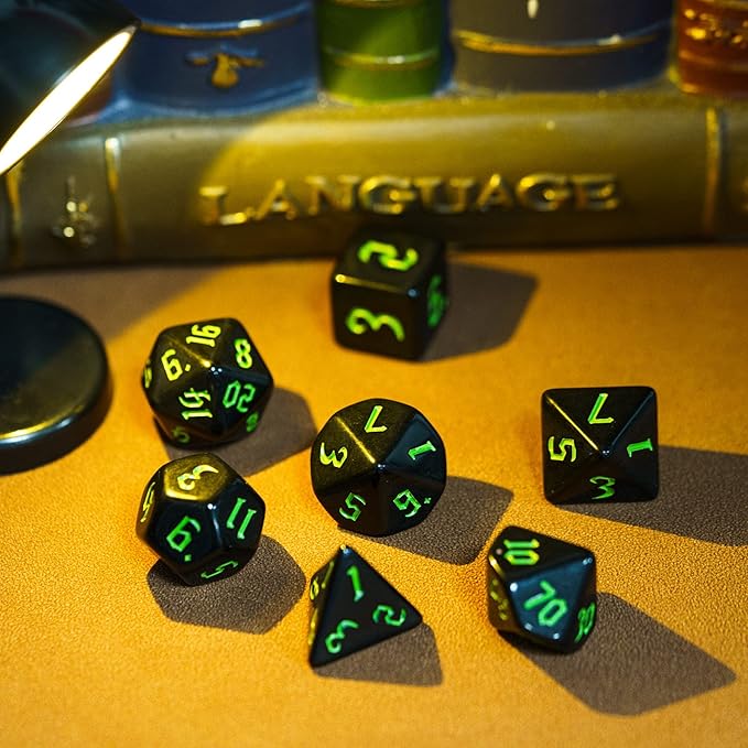 7-Die DND Dice Set Polyhedral Dice Set with a Leather Dice Bag, D&D Dice Set for Dungeons and Dragons, RPG Table Games (Black)
