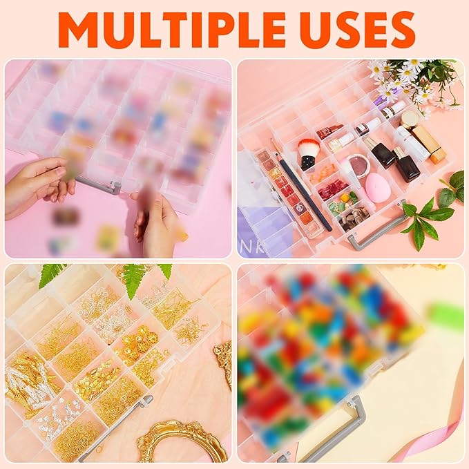 Juexica 2 Pcs Large 48 Grids Plastic Storage Bead Organizer Box, Tackle Box, Compartment Organizer Container with Adjustable Dividers for Jewelry Art Crafts Toys Screw Small Parts(Clear)