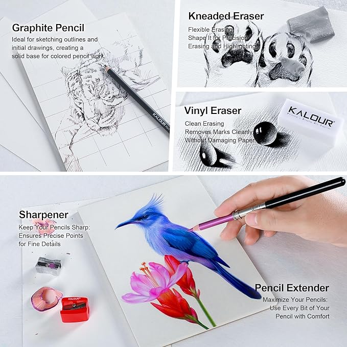KALOUR Colored Pencil Accessory Kit,with Blenders,Erasers and Sharpener.perfect for Blending Softening Edges,ideal for Coloring Book,Art Supplies for Artists Beginners