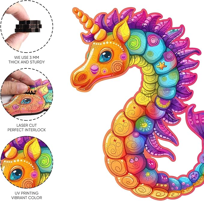 Wooden Puzzles for Adult and Kids, 100 Pieces Ocean Puzzle, Unique Shaped Seahorse Wooden Preschool Puzzle, Toddler Wooden Puzzle Toy Gift for Family and Friends, Suitable for Family Games