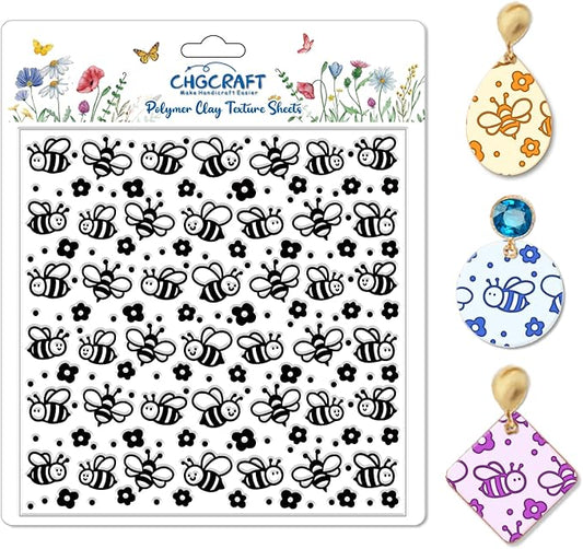 CHGCRAFT Cartoon Bees Pattern Polymer Clay Texture Sheet Seamless Flowers Pattern Silicone Texture Mat for Polymer Clay Making Earrings Jewelry DIY Crafts 5.5 × 5.5 Inch