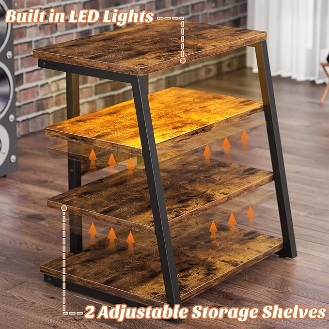 AV Media Stand with Outlets, Media Console with LED Lights, Stereo Racks and Stands with Storage Shelves, Media Audio Tower Cabinet, Rustic Brown