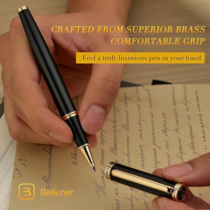 BEILUNER Luxury Rollerball Pen,24K Gold Trim,Noble and Elegant Designs,Schneider Ink Refill, Best Roller Ball Pen Gift Set for Men & Women, Professional, Executive Office, Nice Pens