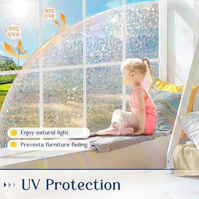 Haton Window Privacy Film, Rainbow Stained Glass Window Clings, 3D Decorative UV Sun Blocking Sticker, Removable Static Cling Heat Control Tint for Home Door, 17.5" x 157.4" Non-Adhesive