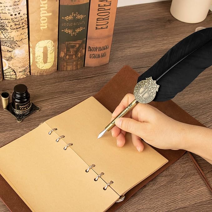 Quill pen ink set,Feather Pen and Ink Set,Antique Calligraphy Pen with 4 Replaceable Nibs,2 Bottle of ink,Feather Dip Pen Holder Christmas Gift for Men&Women.(Black)