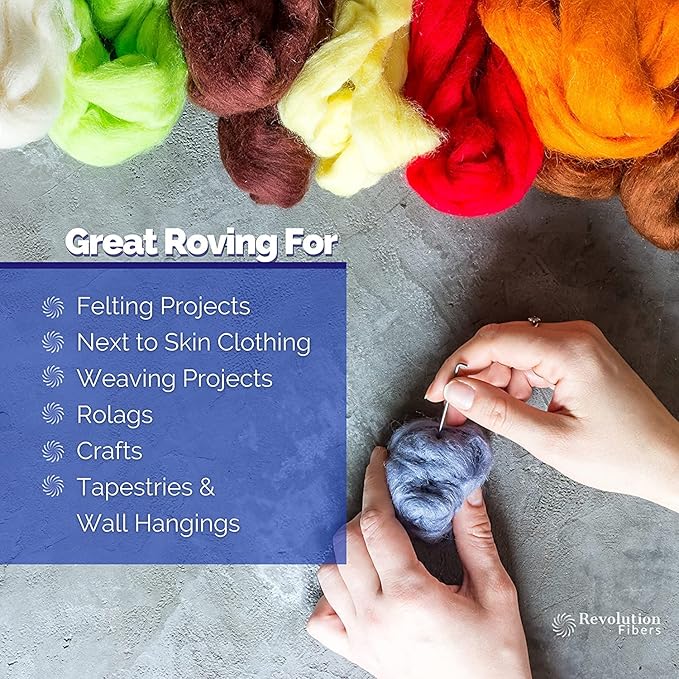 Revolution Fibers Merino Wool Roving | Premium Combed Wool Top | 22 Micron, Perfect for Felting Projects, Spinning, Wall Hangings and Tapestry (Clementine)