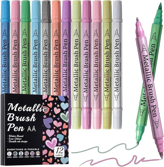12 Pack Metallic Markers, Dual Tip Glitter Pens for Black Paper & Rock Painting Metallic Acrylic Paint Markers for DIY Crafts, Scrapbooking, Glass, Wood, Cards Alcohol Based Quick Dry Ink