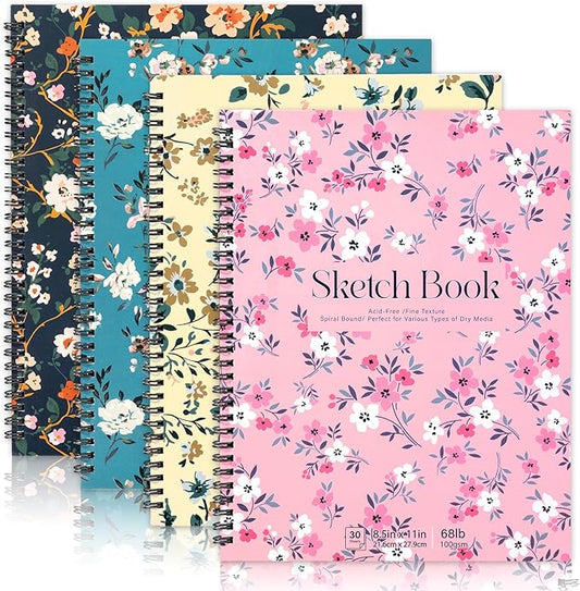 4 Pack Sketch Book, 8.5 x 11Inch Sketchbook, 68lb/100gsm Top Spiral Bound Sketch Pad, Acid Free Art Supplies Drawing Painting Sketching Paper for Woman Artists (30 Sheets Each)