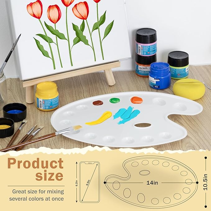 DUGATO Large Oval Paint Palettes (2 Pack, 14x10.5 inches) - 14-Well Plastic Mixing Trays for Acrylic, Oil, Watercolor & Gouache - Artist Supplies