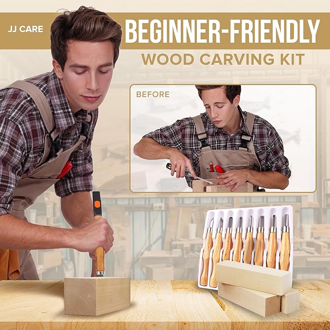 JJ CARE Wood Carving Kit [8 SK7 Carving Knives with Beechwood Handle, 10 Basswood Carving Blocks, and 1 Grinding Stone] - Beginner Wood Carving Kit, Wood Carving Tools Set, Wood Carving Set for Kids