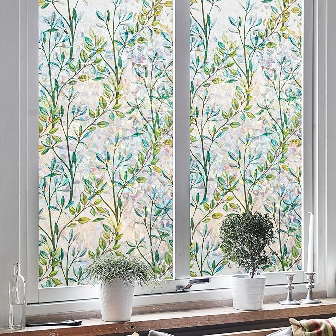 NINETREX Window Privacy Film Stained Glass Window Film 3D Decorative Cling,Sun Blocking Static Cling Removable Film for Glass Door,Home Decor Window Cover Non-Adhesive 17.5 x 78.7 inches,Leaf