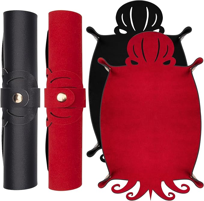 SIQUK 2 Pieces Octopus Dice Rolling Tray PU Leather Dice Mat Folding Scroll Dices Holder Trays for D&D RPG Games (Black, Red)