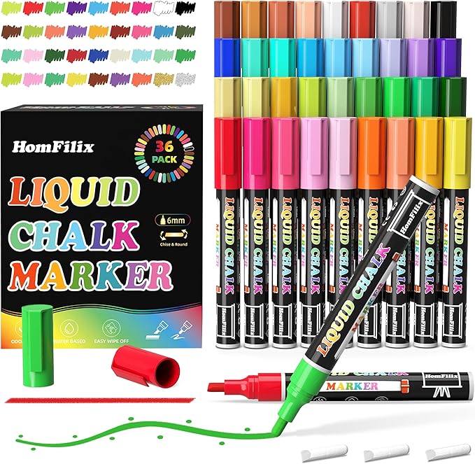 36-Color Liquid Chalk Markers Set, Erasable, Dust-Free, for Blackboard, Glass, Cars, Windows - Ideal for Teaching, Display, Creativity, Paint Pens, Dry Erase Markers