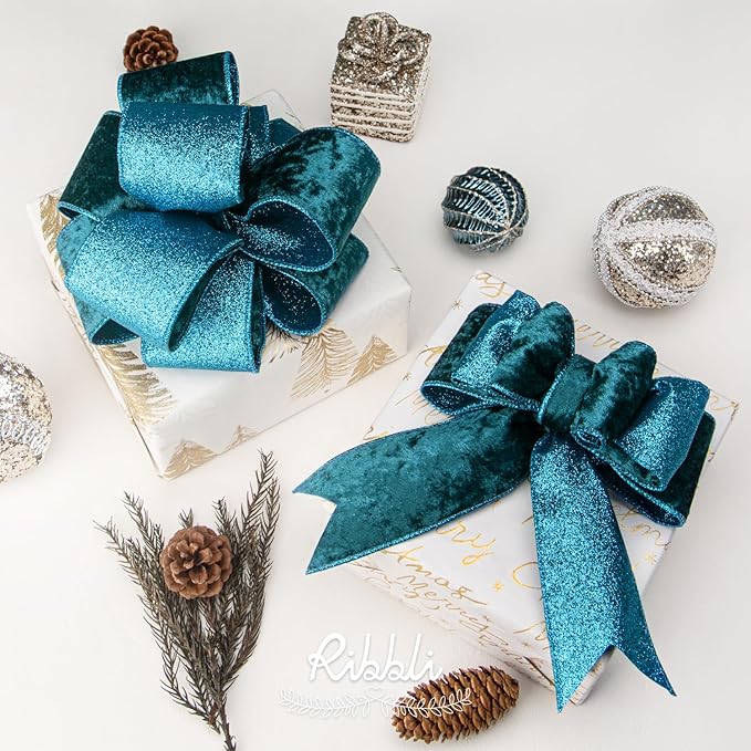 Ribbli Turquoise Blue Velvet Wired Ribbon 2.5 Inch Teal Velvet with Turquoise Blue Glitter Christmas Ribbon for Christmas Tree Decoration Big Bow Gift Wrapping Crafts Wreaths Supplies- 10 Yards