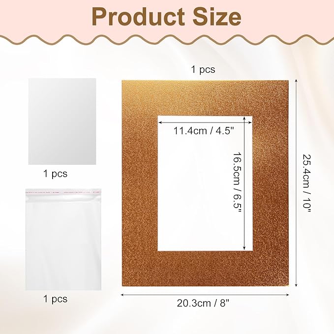 uxcell Picture Mats, 8 x 10 Mat Board Center for 5 x 7 Pictures Acid Free White Core Bevel Cut Frame Mattes with Backing for Display Art Measuring, Gold
