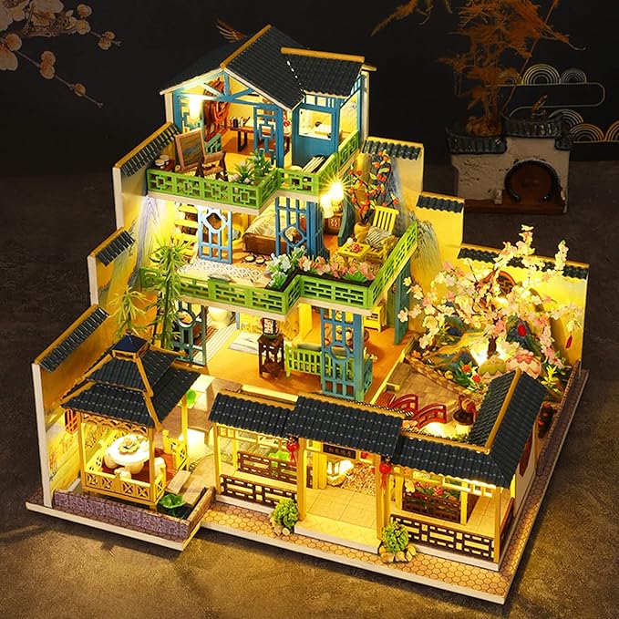 Spilay Dollhouse DIY Miniature Wooden Furniture Kit,Mini Handmade Big Castle Model with Dust Cover & Music Box,with dust Cover 1:24 Scale Creative Doll House for Adult Gift