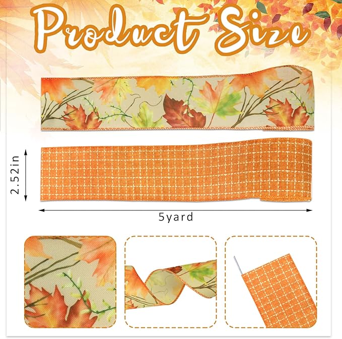 Threetols 2 Rolls 10 Yards Fall Wired Edge Ribbons, 2.5inch Orange Plaid Burlap Ribbon, Autumn Maple Leaves Ribbon for Harvest Thanksgiving Party DIY Craft Fall Wreath Bow Decor