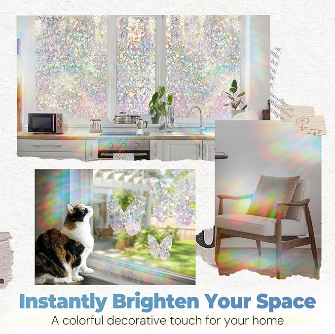DOWELL Window Privacy Film Rainbow Film, Stained Glass Decorative Sticker, Static Cling Non-Adhesive Glass Clings, Sun Blocking Heat Control Window Coverings for Home Door, 35.4" x 157.4"