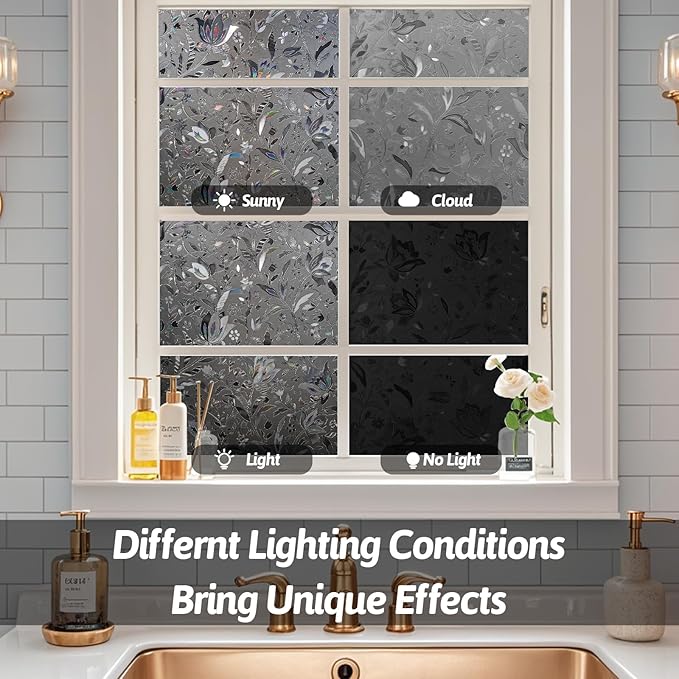 NINETREX Window Privacy Film,Decorative Window Film Frosted,Stained Glass Window Cling,Heat Blocker Non-Adhesive for Home,Grayish Black 17.5 x 78.7inch