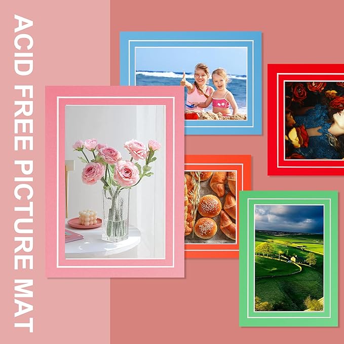 HOTUO 10 Pack 5x7 Colorful Picture Mats, 4 Ply Thickness Frame Mattes for 4x6 Photo, Photo Mat with Core Bevel Cut(Colorful with V-Groove)