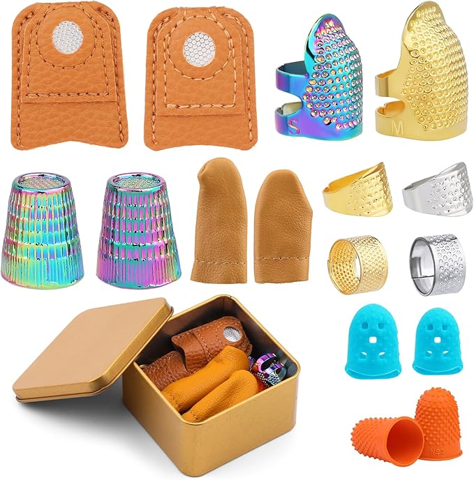 Ftyiwu Sewing Thimble, Hand Sewing Thimble with Storage Box, Adjustable Metal Sewing Thimble, Leather Finger Protector, DIY Hand Sewing Tool Accessories