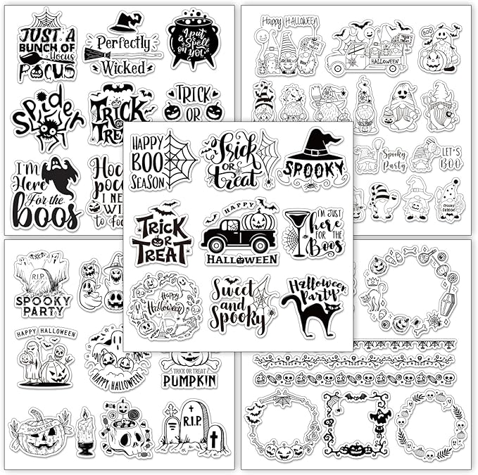 Whaline 5 Sheets Halloween Clear Stamps Gnome Pumpkin Spider Silicone Transparent Stamps Trick or Treat Border Stamp Cards for DIY Card Making Scrapbooking Embossing Album Decor