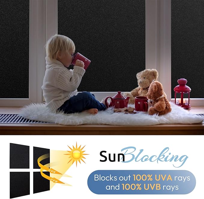 rabbitgoo Blackout Window Film, Sun Heat Blocking Privacy Cover for Glass, Removable Opaque Room Darkening Dark Black Out Window Covers Tint Shades for Home Day Sleep Light Blocker 29.5 x 118.1 Inches