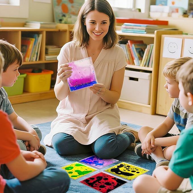 Squishy Liquid Sensory Tiles for Kids – 6" Soft Colorful Tactile Play Pads with Glitter for Visual Tracking, Desk, Calm Corner, Classroom or Quiet Play (6-Pack)