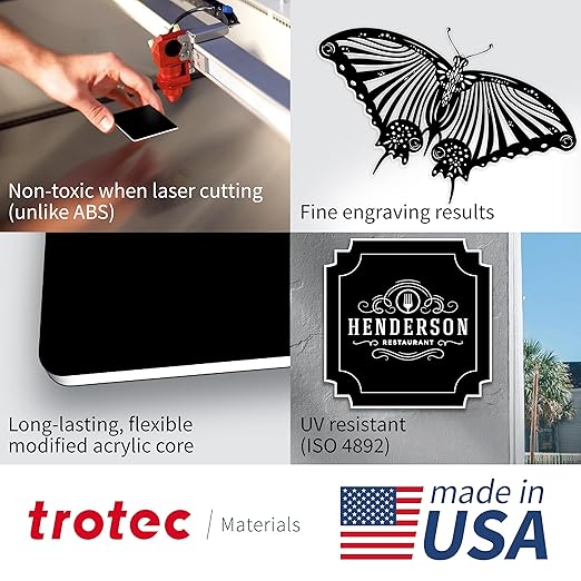 Trotec TroLase | 12"x20"x1/16", 4 Pcs | Black/White/Black | 3 Ply | Modified Acrylic | Laser Engraving Double Color Plastic Sheet | Engraving Blanks for Laser, Saw, Guillotine | Made in USA