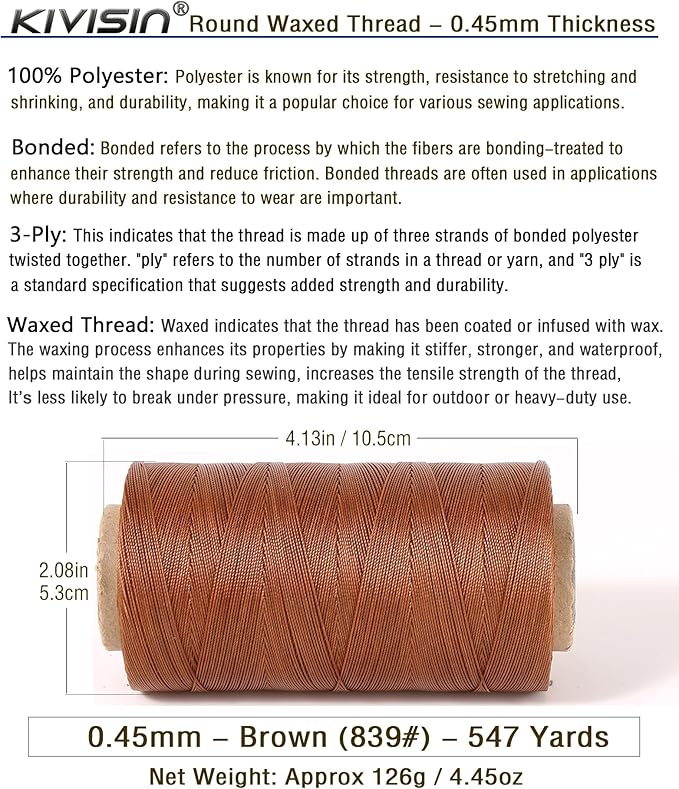 Thin Wax Polyester Thread, 0.45mm, 547 Yards, 3 Ply Round Waxed Cord Strings for Sewing, Beading, Binding, Micro Braiding, Fine Leather Craft and Micro Macrame Jewelry - Brown